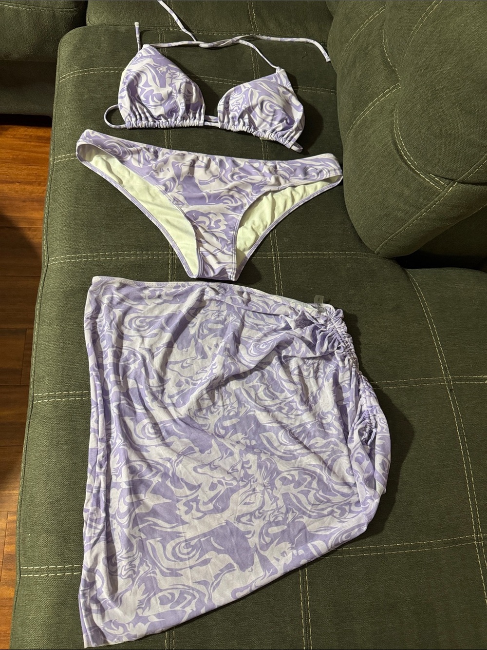 SHEIN Lavender Swirl Triangle Bikini Set with Sarong